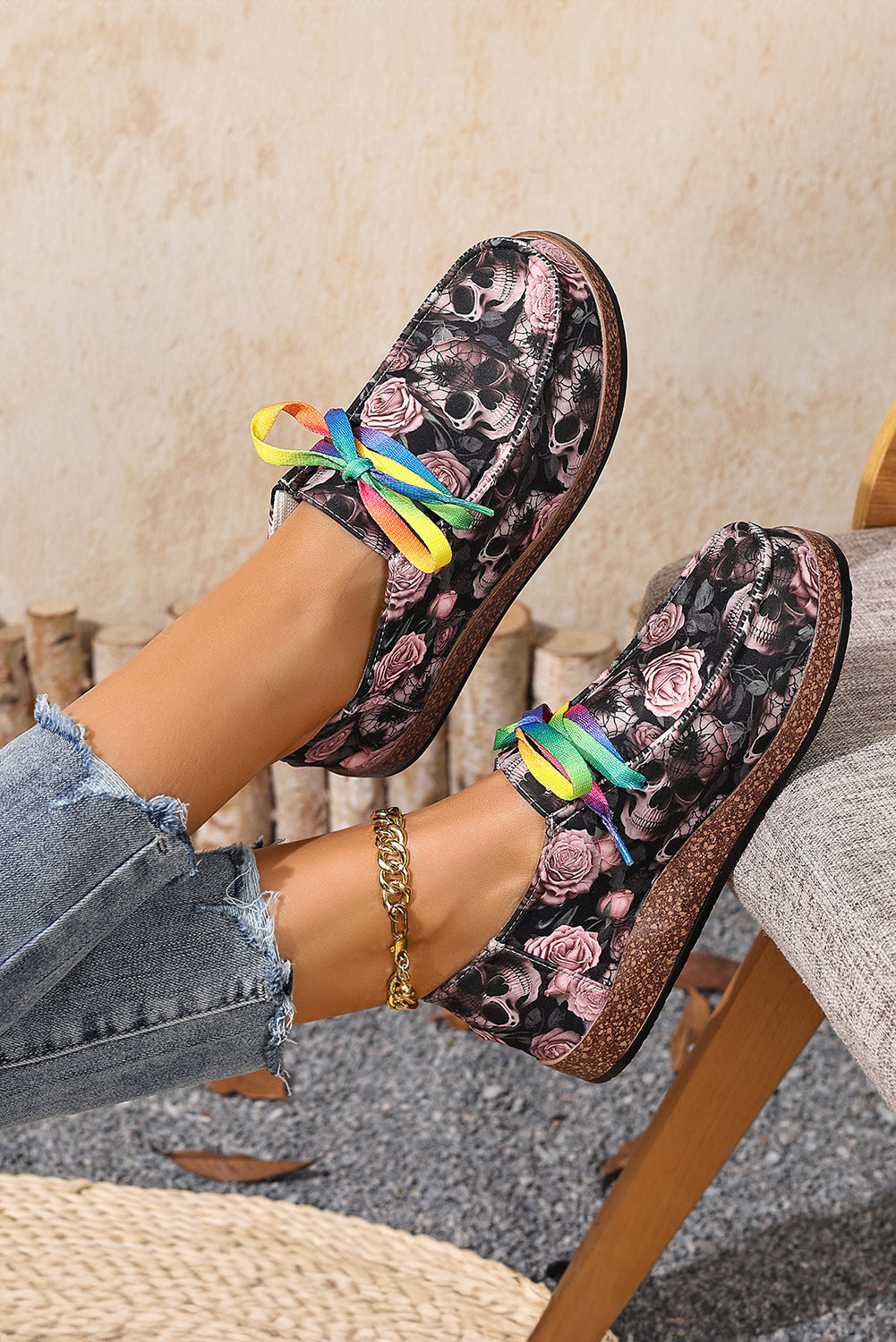 Bonbon Skull Rose Print Lace Up Sneakers