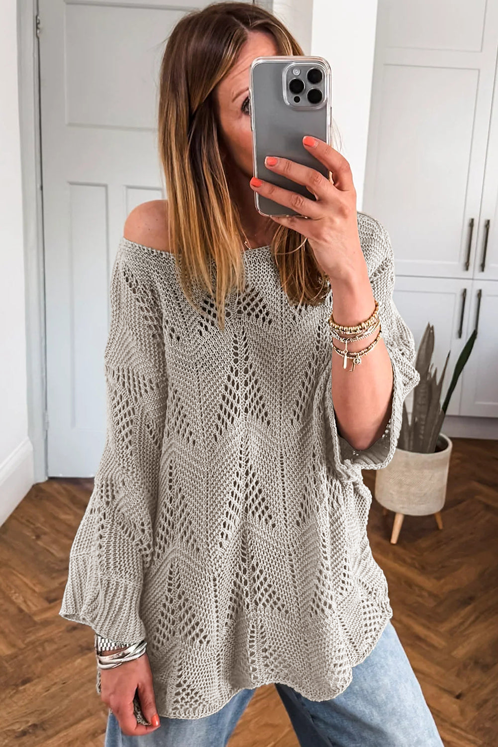 Navy Blue Hollow Out Knit 3/4 Sleeve Loose Sweater