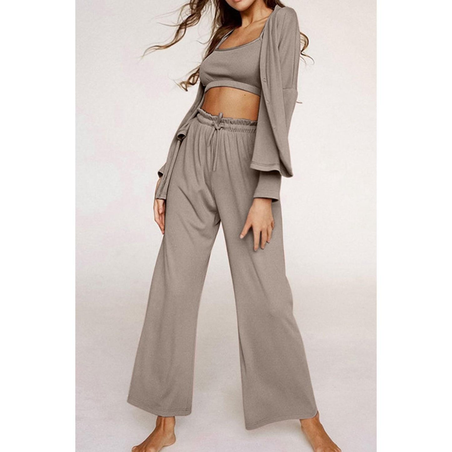 Spaghetti Strap Bra, Open Front Cardigan and Drawstring Pants Set