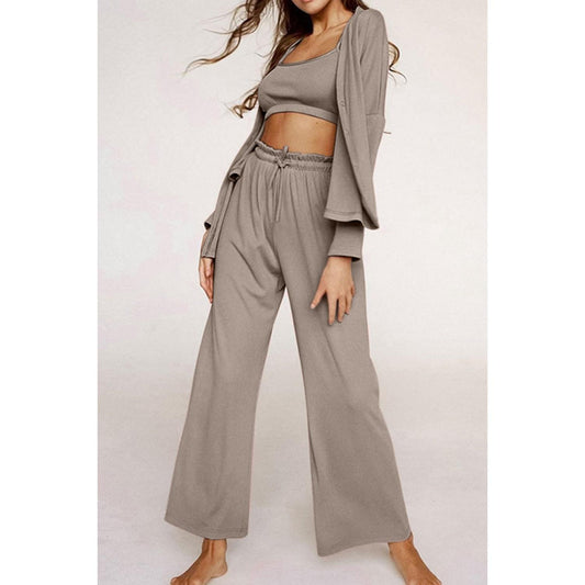 Spaghetti Strap Bra, Open Front Cardigan and Drawstring Pants Set