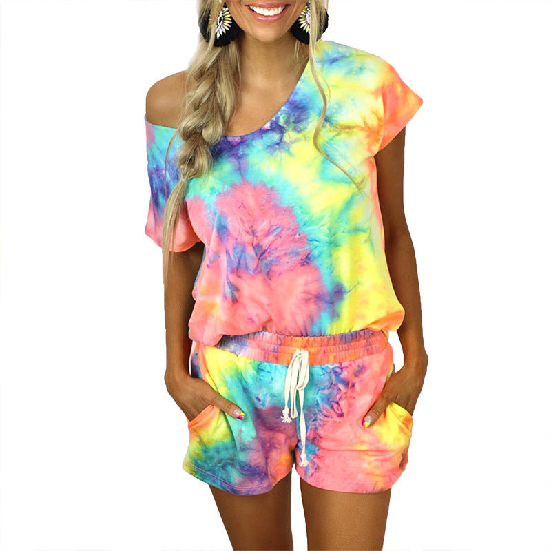 Tie-Dye Printed Short-Sleeved Round Neck Casual Homewear Suit