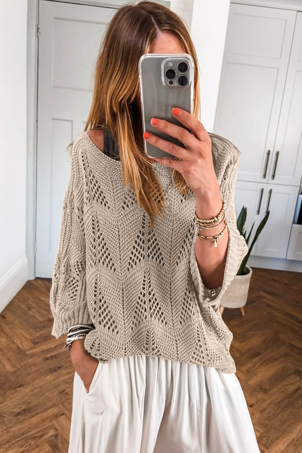 Navy Blue Hollow Out Knit 3/4 Sleeve Loose Sweater