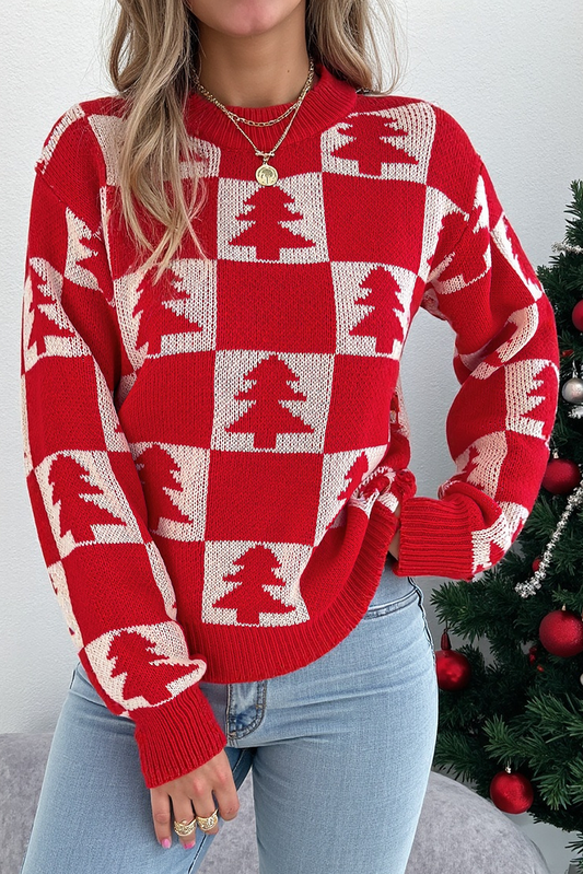 Fiery Red Christmas Tree Checkered Pullover Sweater