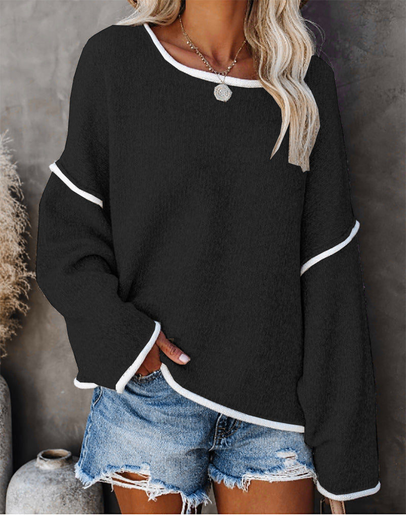 Solid Color Stitching Long-sleeved Sweater Top Casual Round Neck