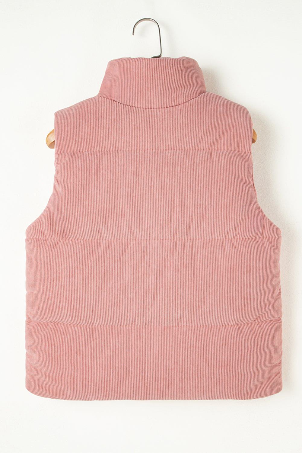 Apricot Pink Corduroy Stand Neck Zipped Puffer Vest