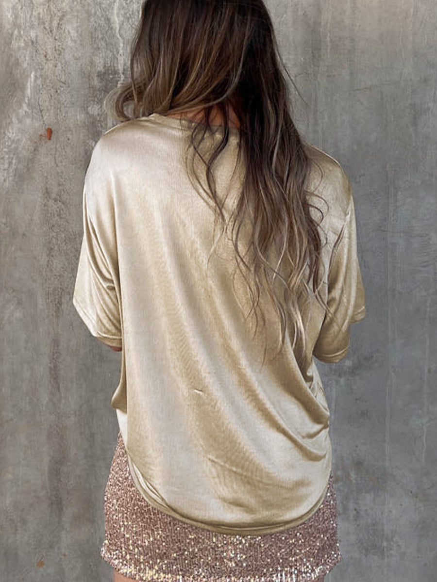 Solid Color Chest Pocket Loose Design Short Sleeve