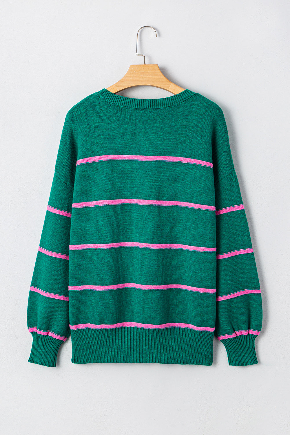 Green Stripe Half Buttons Drop Shoulder Oversized Sweater