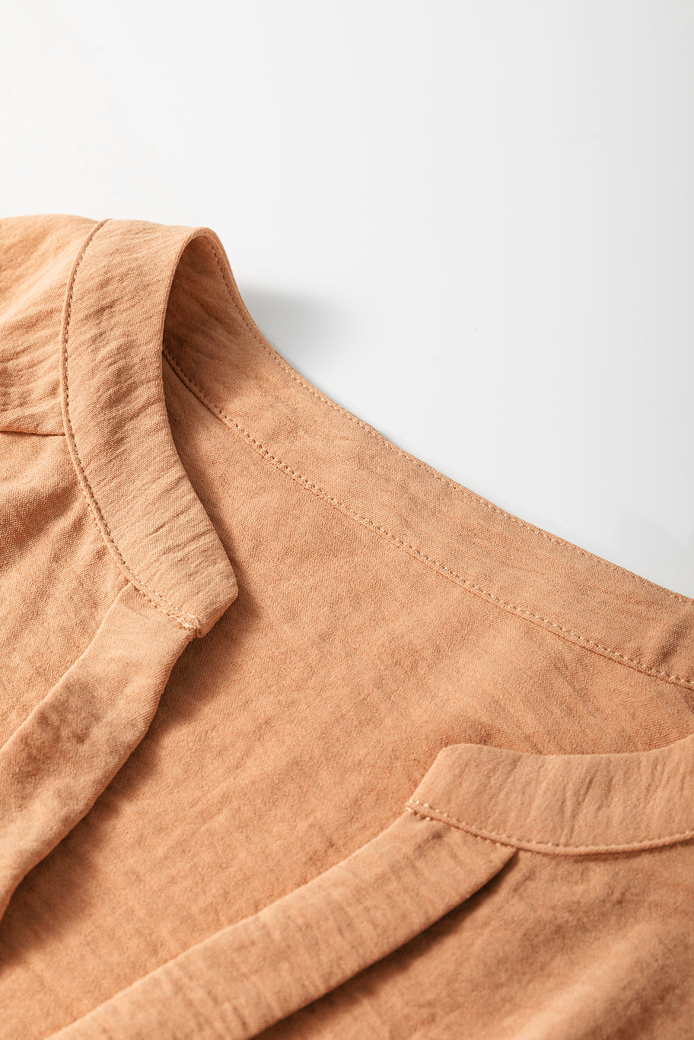 Straw Yellow Solid Shirred Cuff Notch V Neck Blouse
