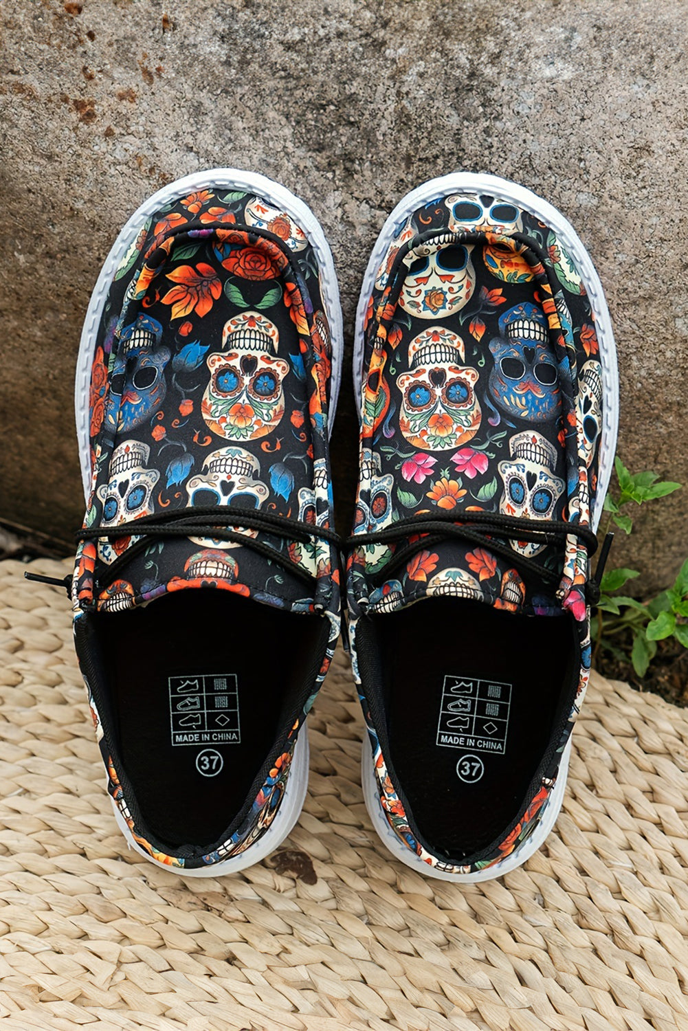 Dark Blue Halloween Skull Print Lace Up Casual Shoes