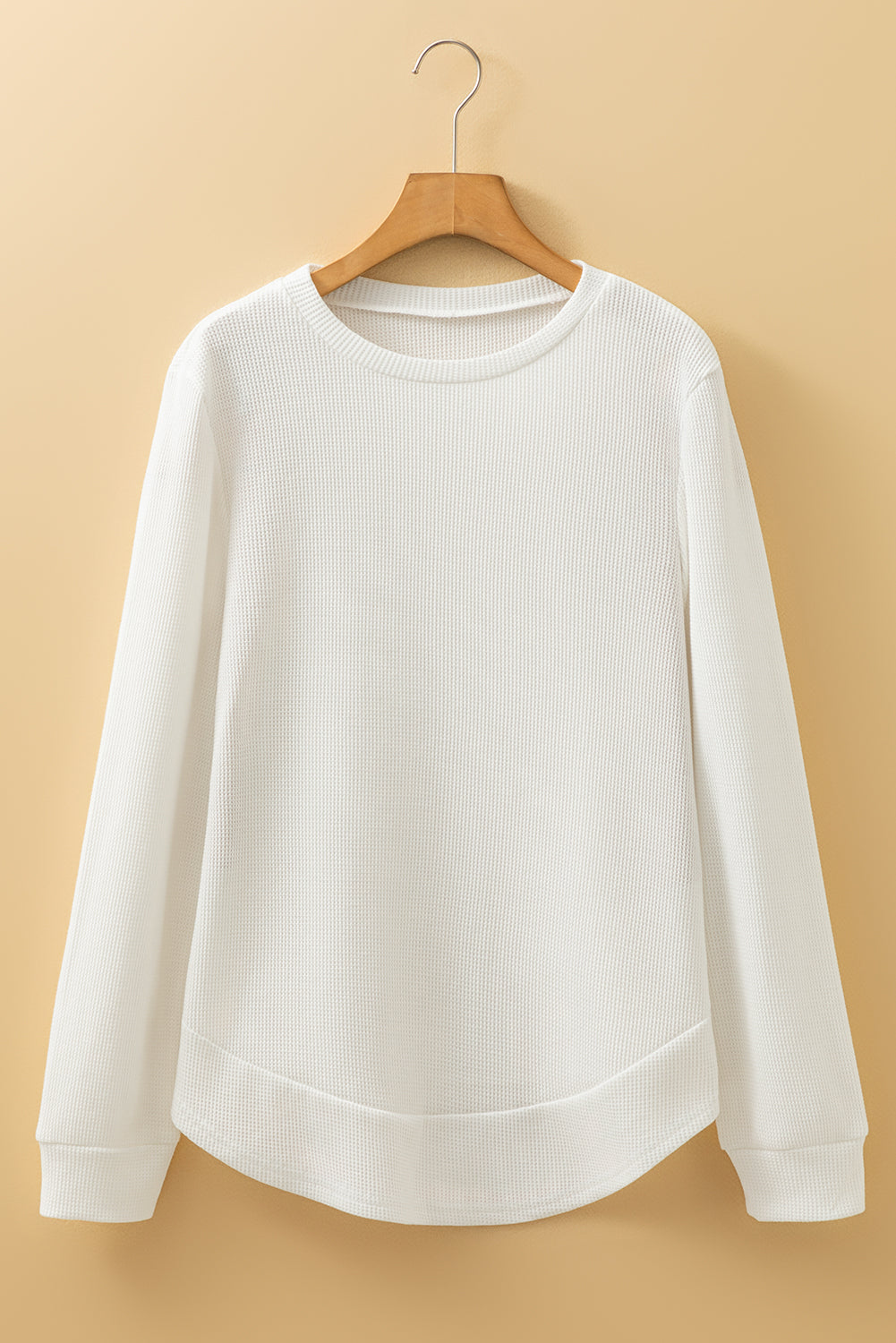 White Rounded Hem Waffle Plain Long Sleeve Top