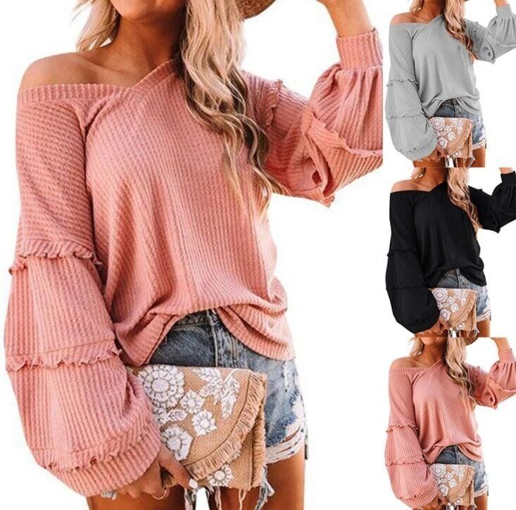 Waffle Lantern Sleeve Ruffled V-neck Sweater