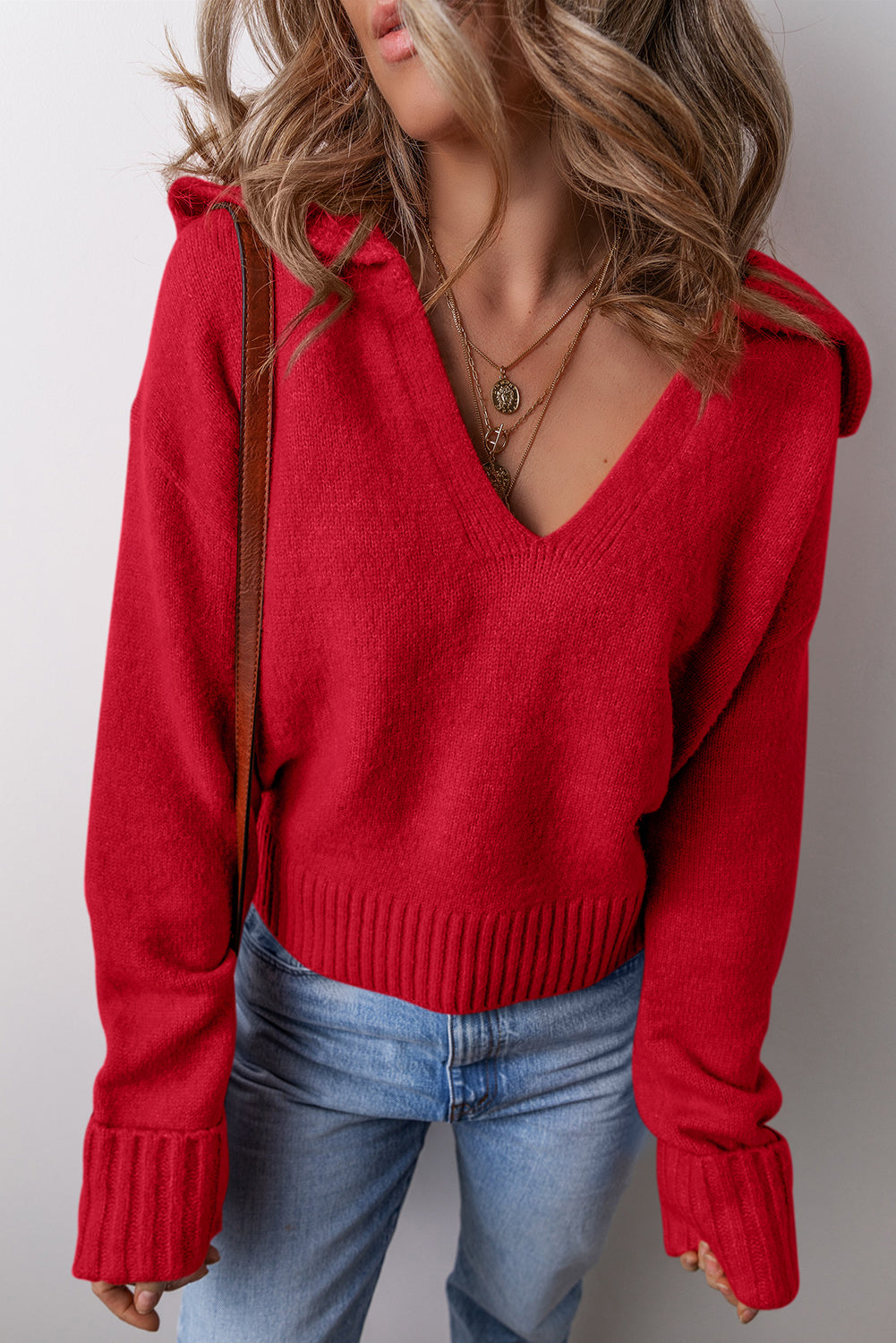 Racing Red Ribbed Edge Collared V Neck Loose Fit Sweater