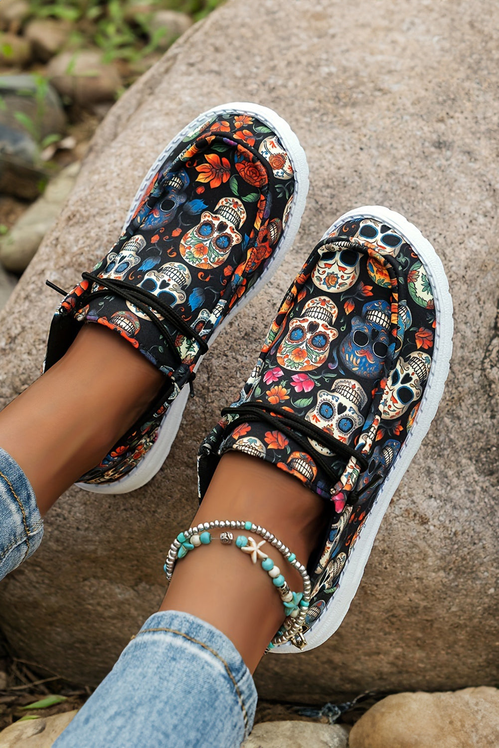 Dark Blue Halloween Skull Print Lace Up Casual Shoes