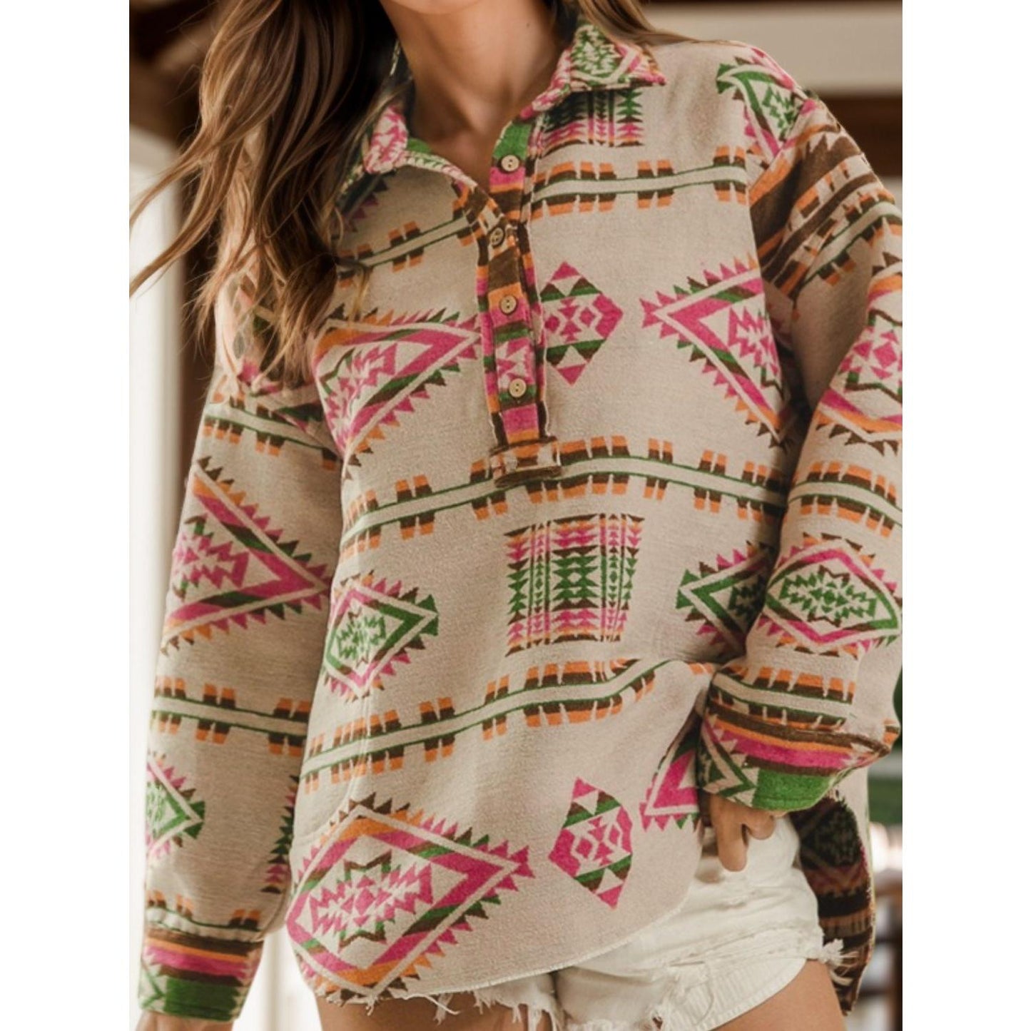 Geometric Half Button Long Sleeve Sweatshirt