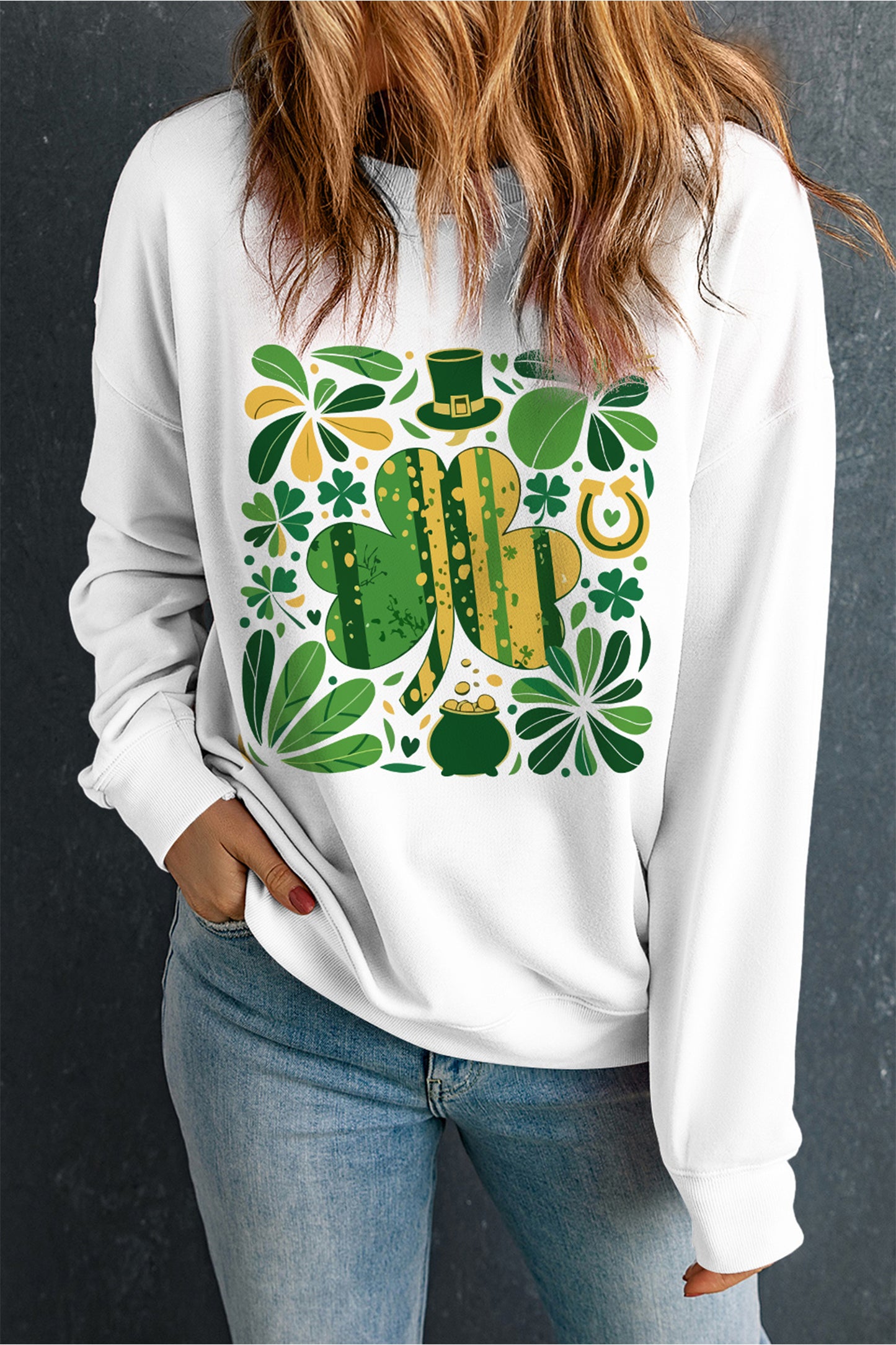 White St Patricks Day Clover Clipart Graphic Sweatshirt