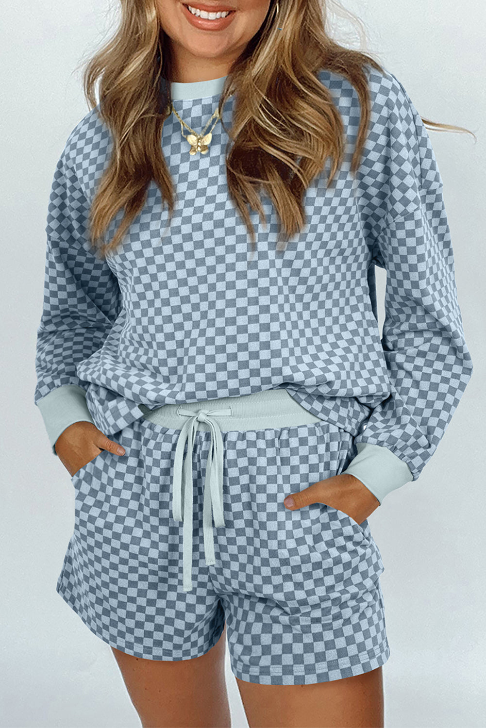 Brown Checkerboard Contrast Trim Long Sleeve Pullover and Shorts Set