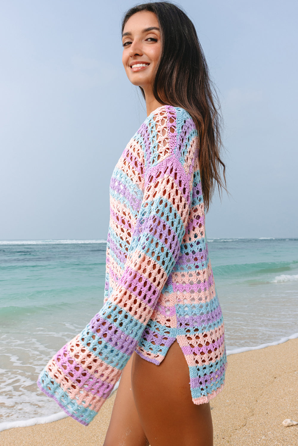 Beau Blue Multi Stripe Open Knit Sweater Beach Cover Up