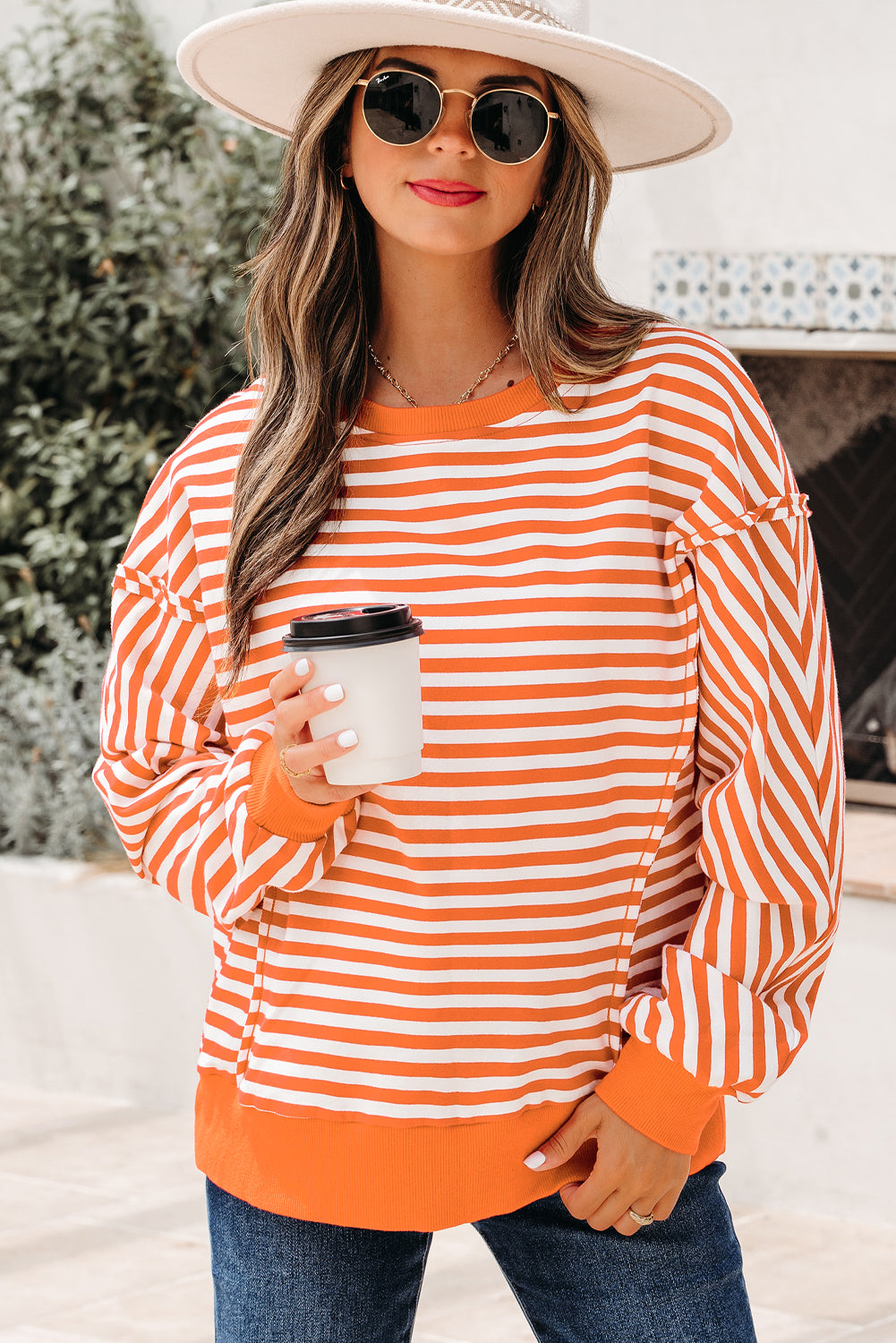 Orange Stripe Exposed Seam Drop Shoulder Casual Pullover Top