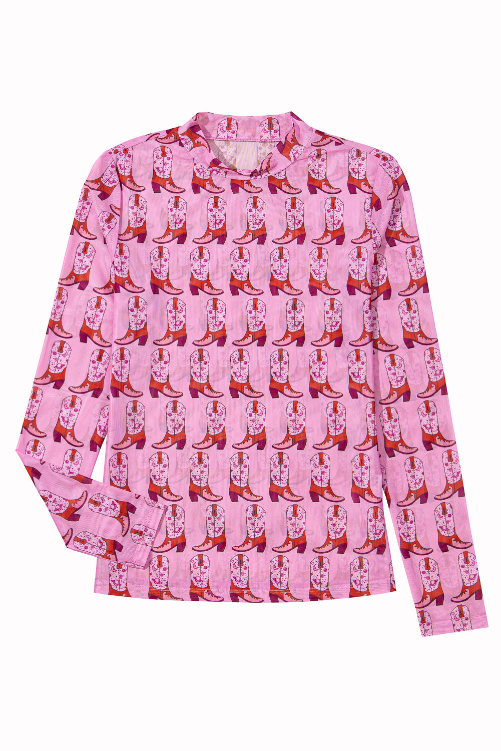 Pink Cowgirl Boots Printed Mock Neck Long Sleeve Mesh Top