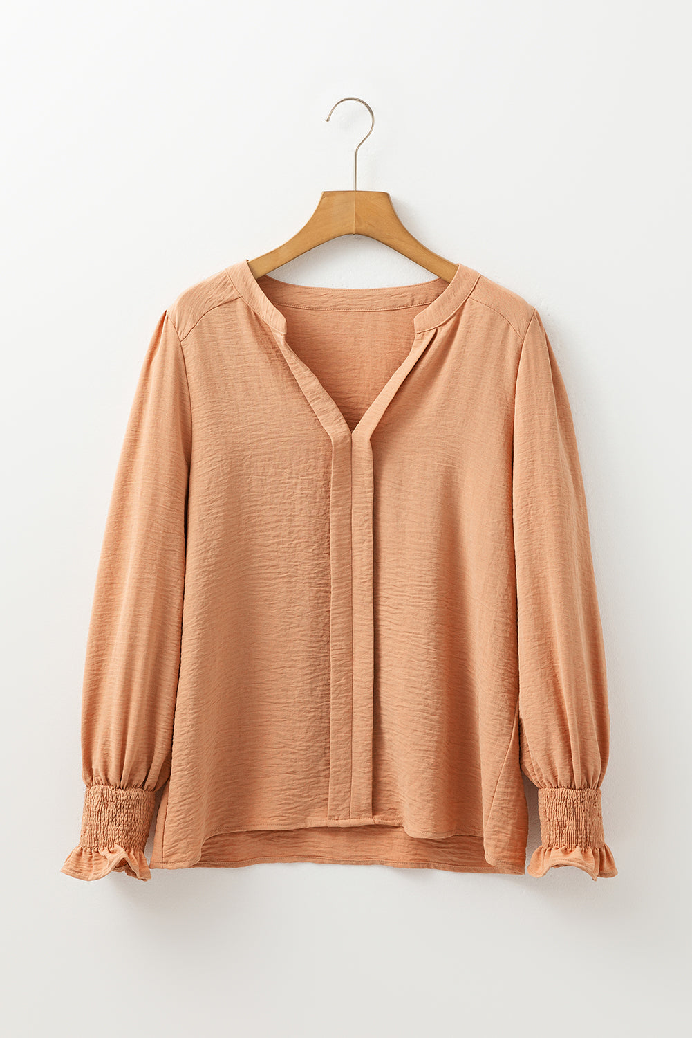 Straw Yellow Solid Shirred Cuff Notch V Neck Blouse