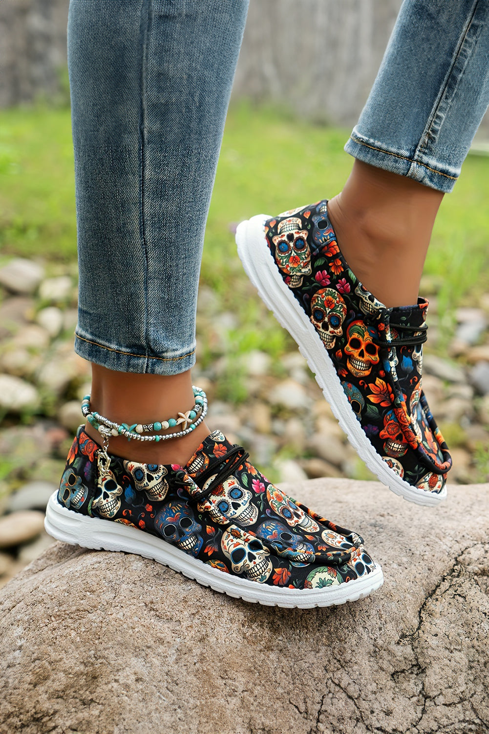 Dark Blue Halloween Skull Print Lace Up Casual Shoes