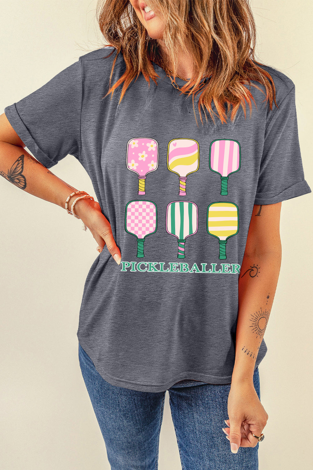 Gray PICKLEBALLER Heat Transfer Printing Printed Casual T Shirt