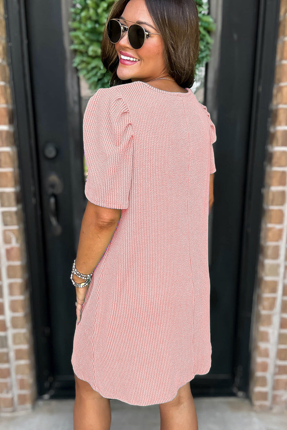Bright Pink Corded Crew Neck Puff Sleeve Mini Dress