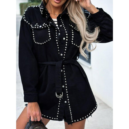 Studded Snap Down Long Sleeve Denim Shacket Womenswear Coats