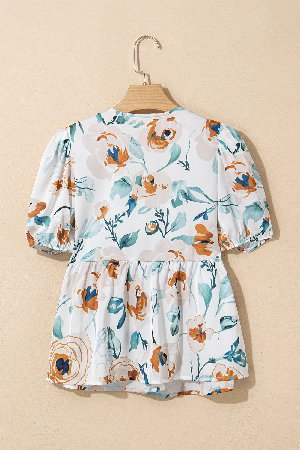 Green Floral Print Puff Sleeve V Neck Babydoll Blouse