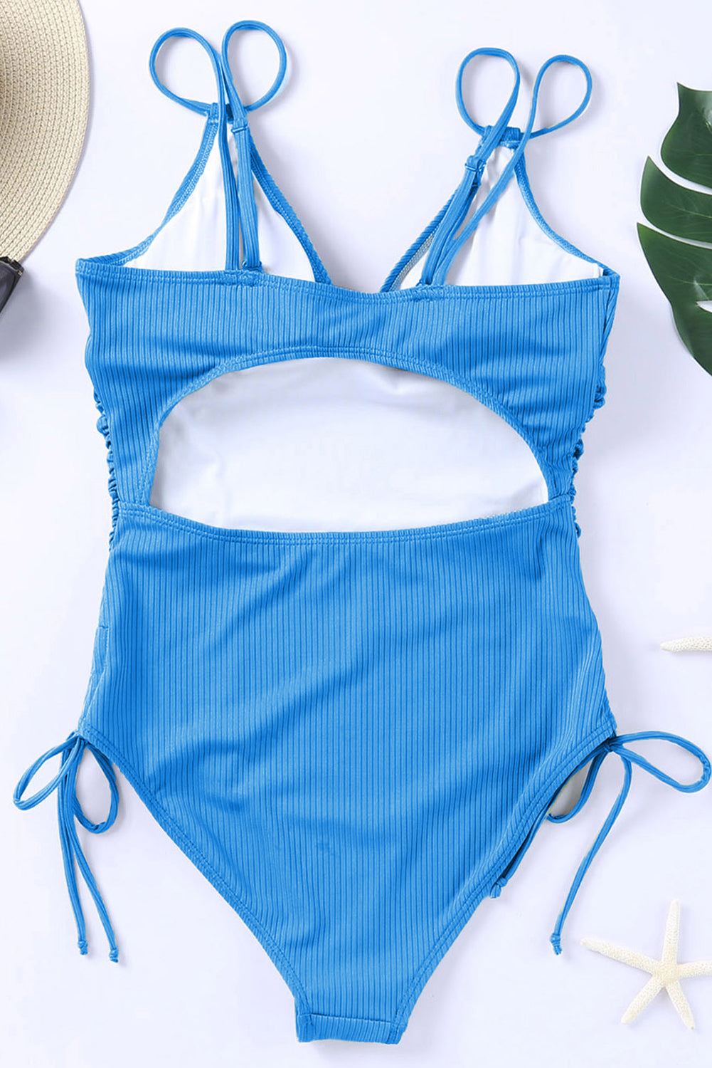 Sky Blue Orange Adjustable Straps Ribbed Knit One Piece Swimsuit