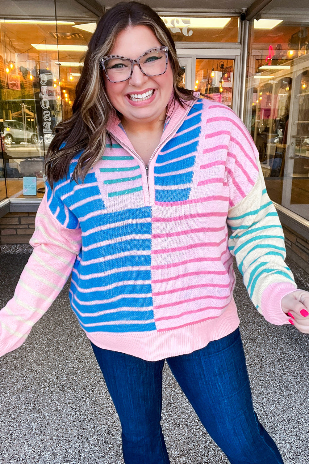 Sky Blue Stripe Colorblock Patchwork Plus Size Zip Collar Sweater