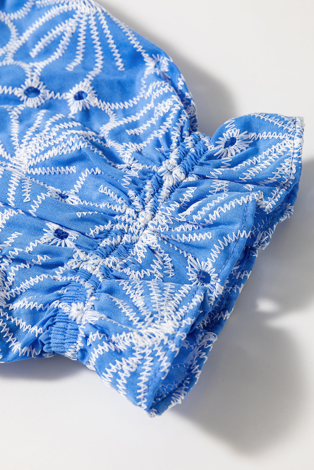 Sky Blue Eyelet Flower Embroidery Frilled Short Puff Sleeve Blouse