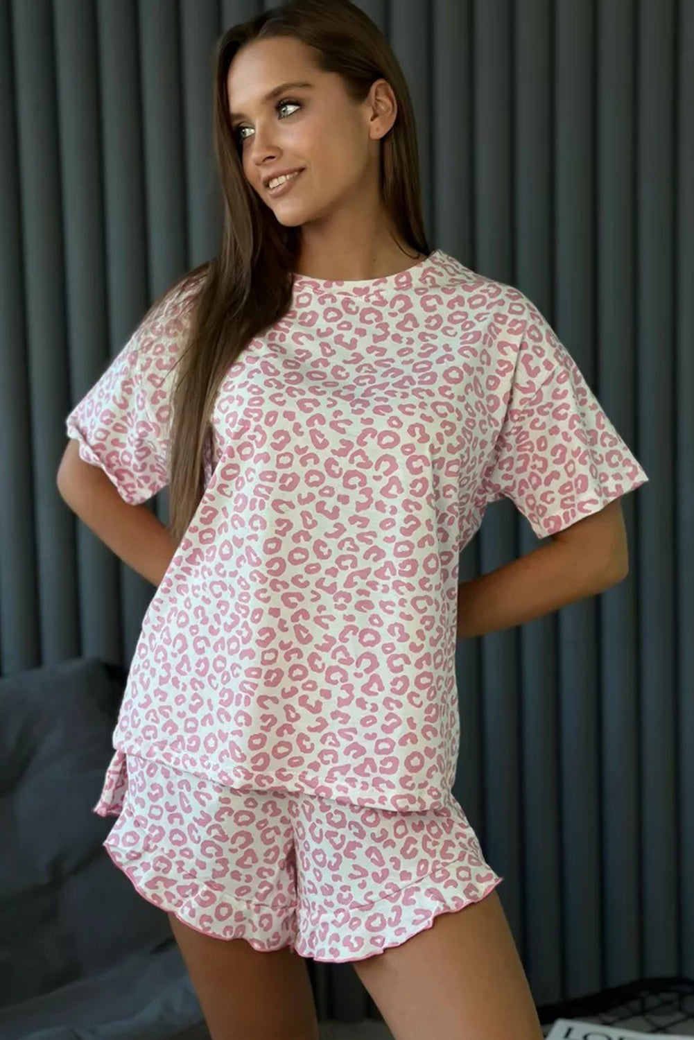 Pink Leopard Print Round Neck Top and Ruffle Trim Shorts Two Piece Pajama Set