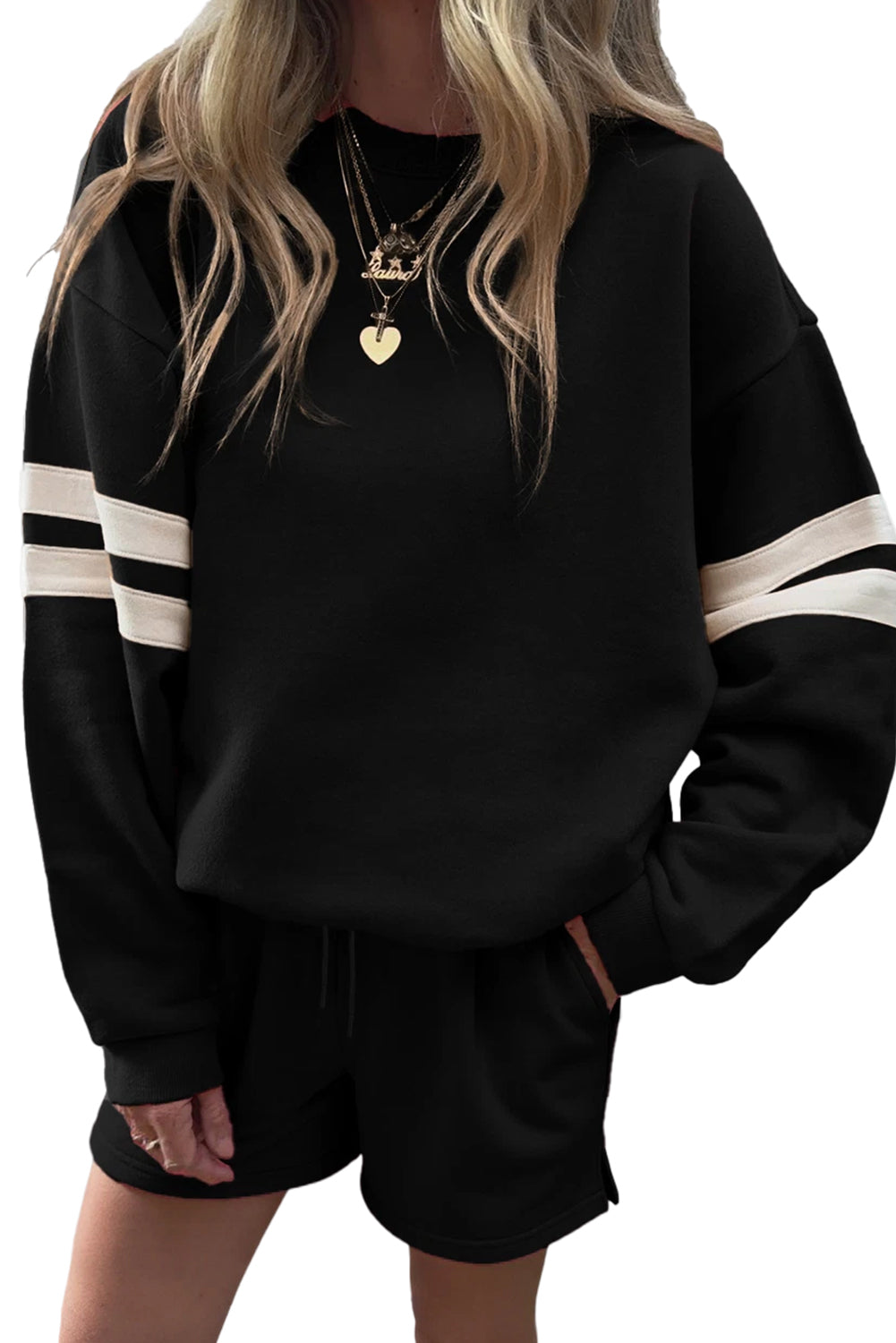 Orange Varsity Striped Sleeve Drop Shoulder Sweatshirt and Shorts Set