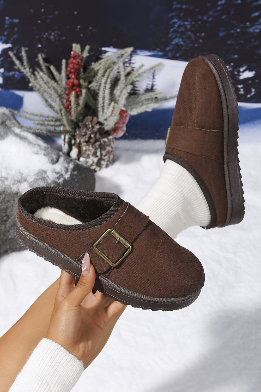 Black Faux Suede Buckle Strap Detail Winter Clog Slippers