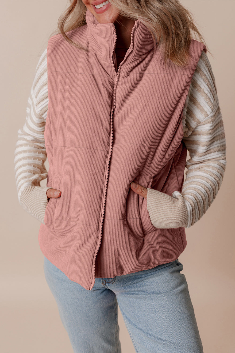 Apricot Pink Corduroy Stand Neck Zipped Puffer Vest