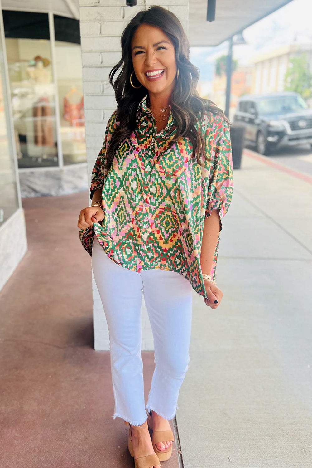 Dark Green Abstract Print Half Sleeve Button up Loose Shirt