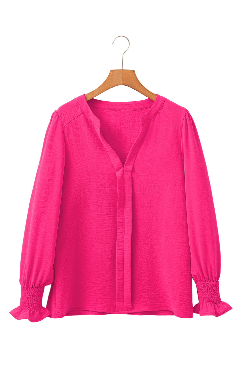 Straw Yellow Solid Shirred Cuff Notch V Neck Blouse