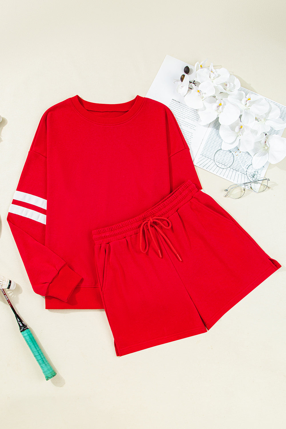 Orange Varsity Striped Sleeve Drop Shoulder Sweatshirt and Shorts Set