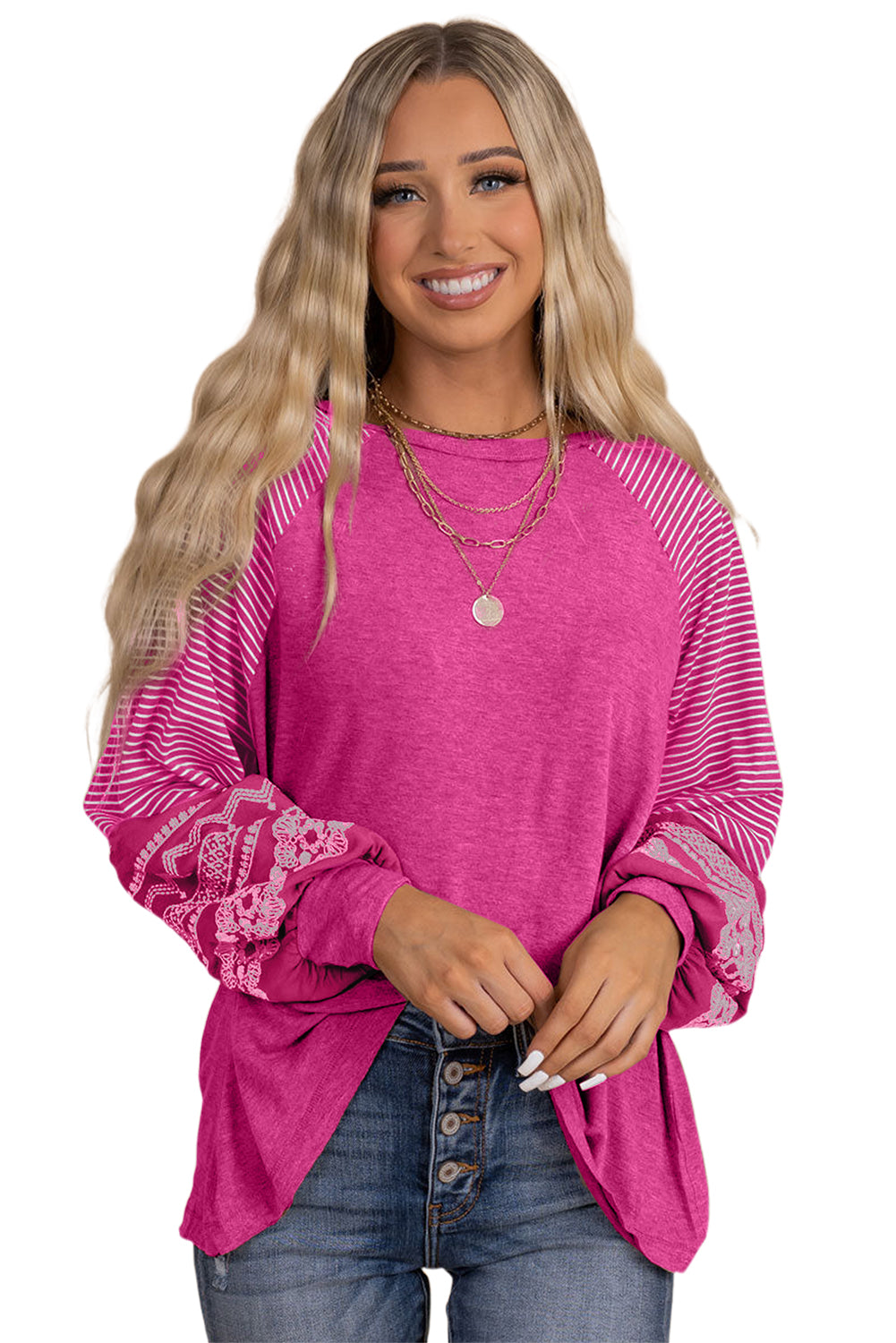 Tillandsia Purple Contrast Print Striped Raglan Long Sleeve Loose Top