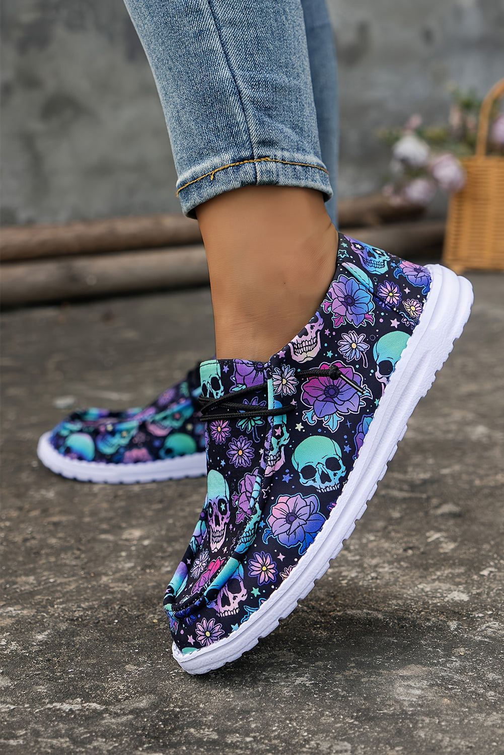 Dark Blue Halloween Skull Print Lace Up Casual Shoes
