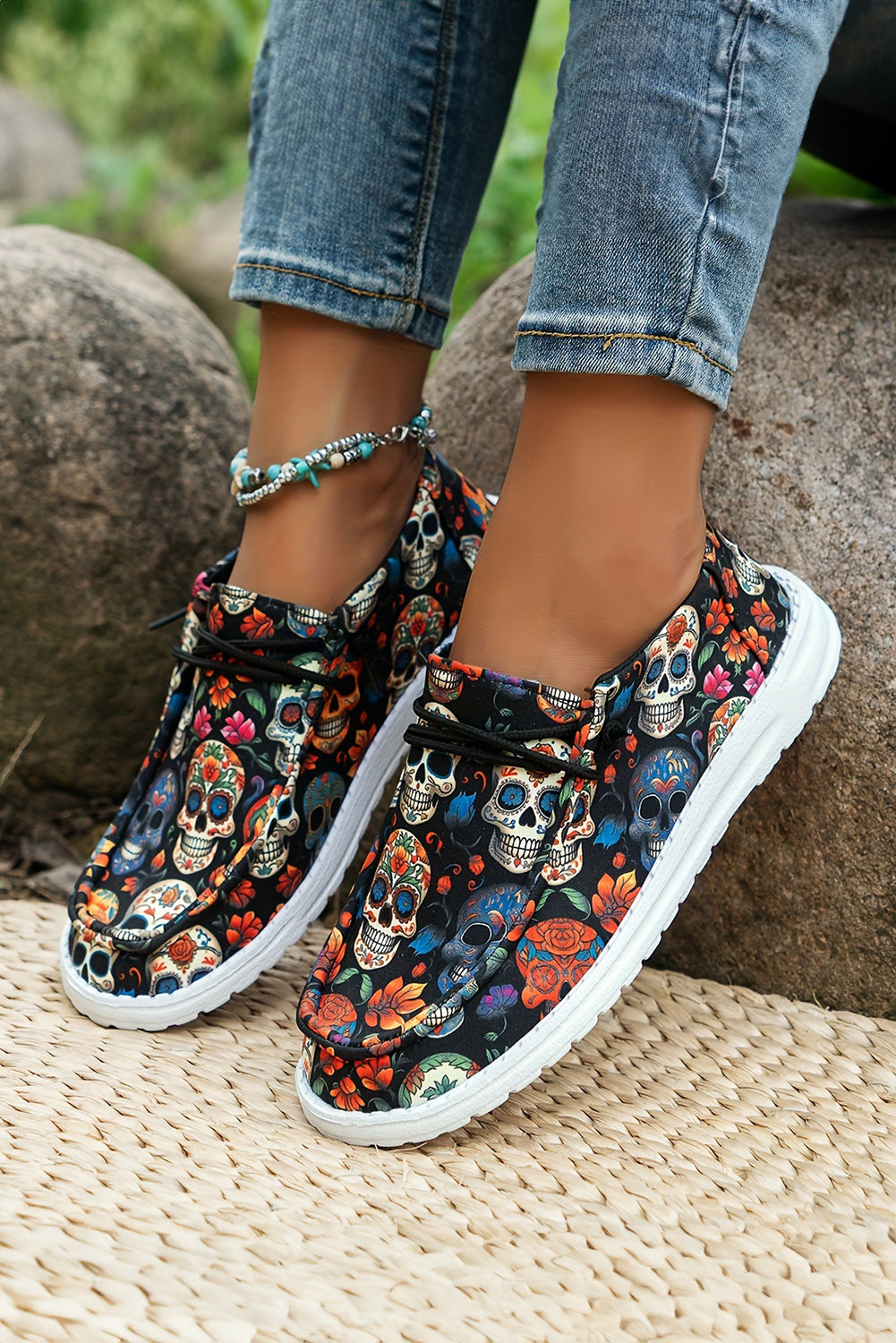 Dark Blue Halloween Skull Print Lace Up Casual Shoes