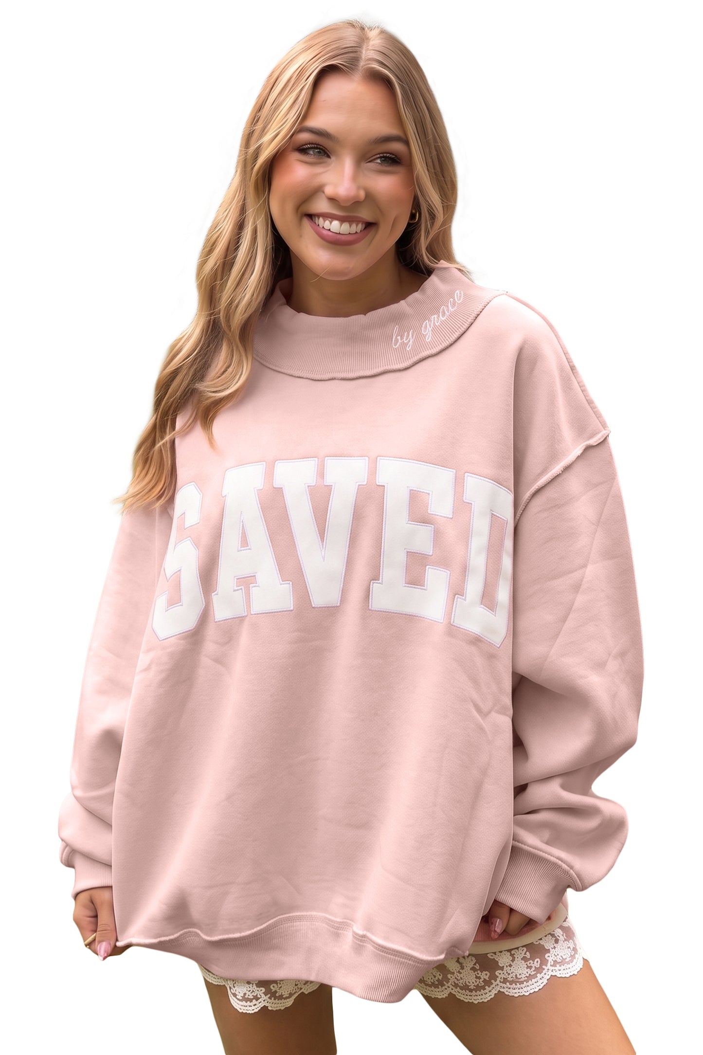 Pink Saved By Grace Embroidered Detail Letter Graphic High Neck Sweatshirt