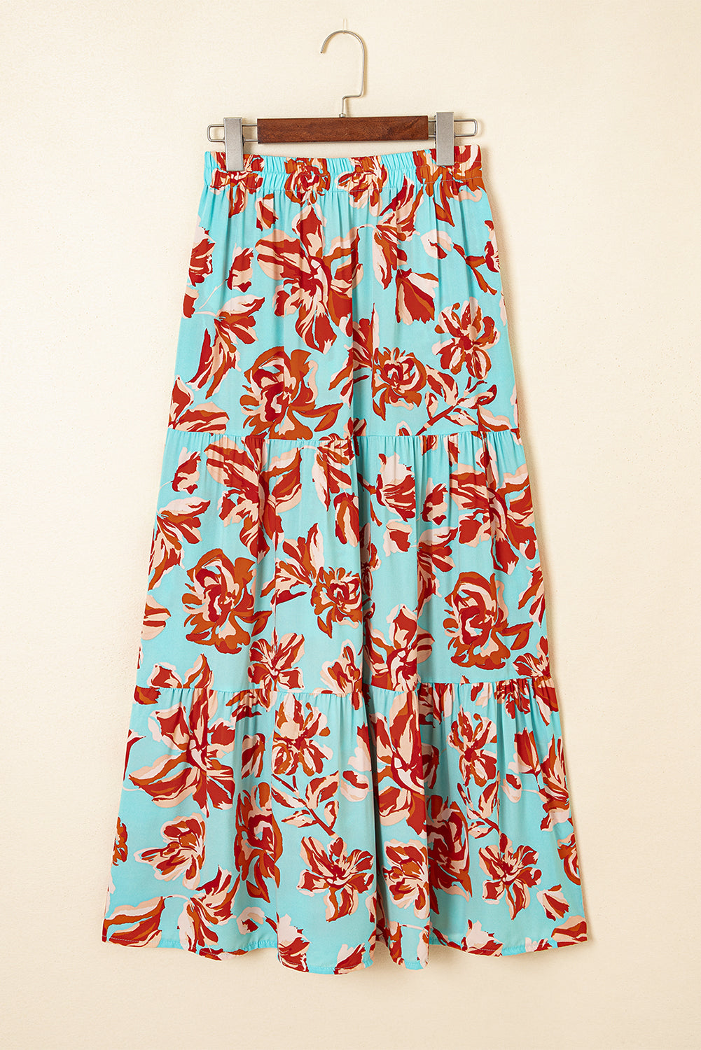 Blue Bohemian Floral Print Tiered Maxi Skirt with Split