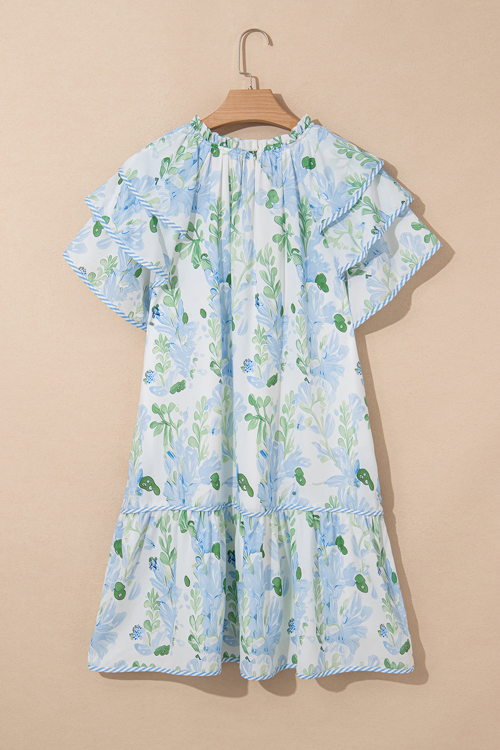 Sky Blue Floral Contrast Edge Layered Short Sleeve Mini Dress