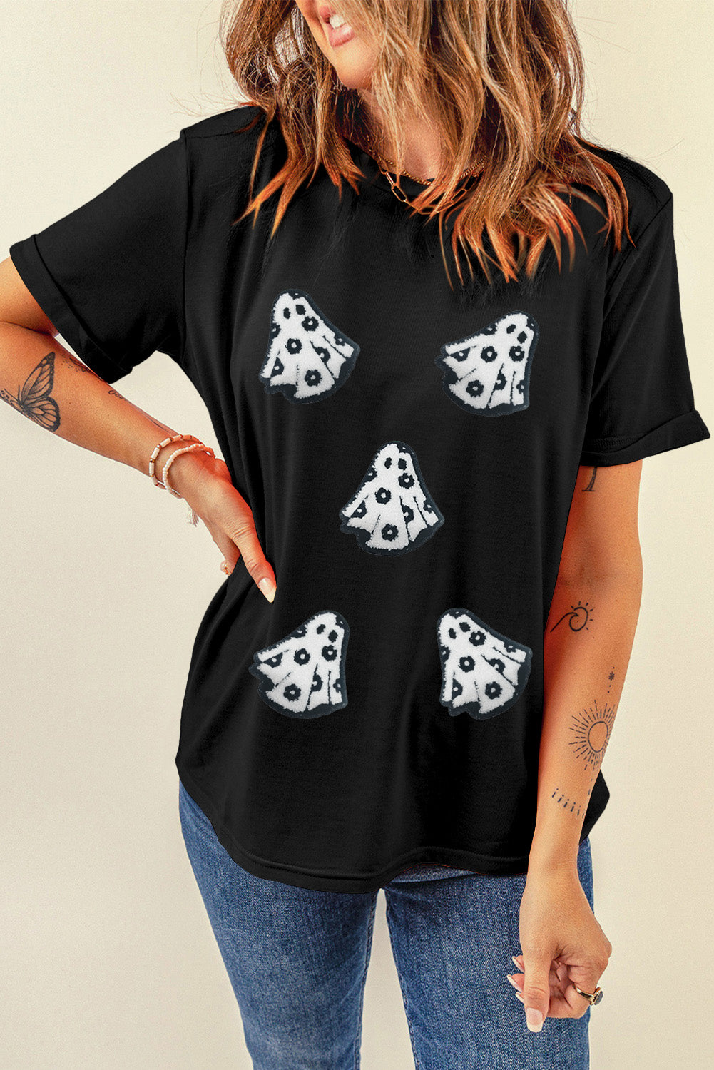 White Halloween Playful Ghost Patched Cotton Blend T Shirt