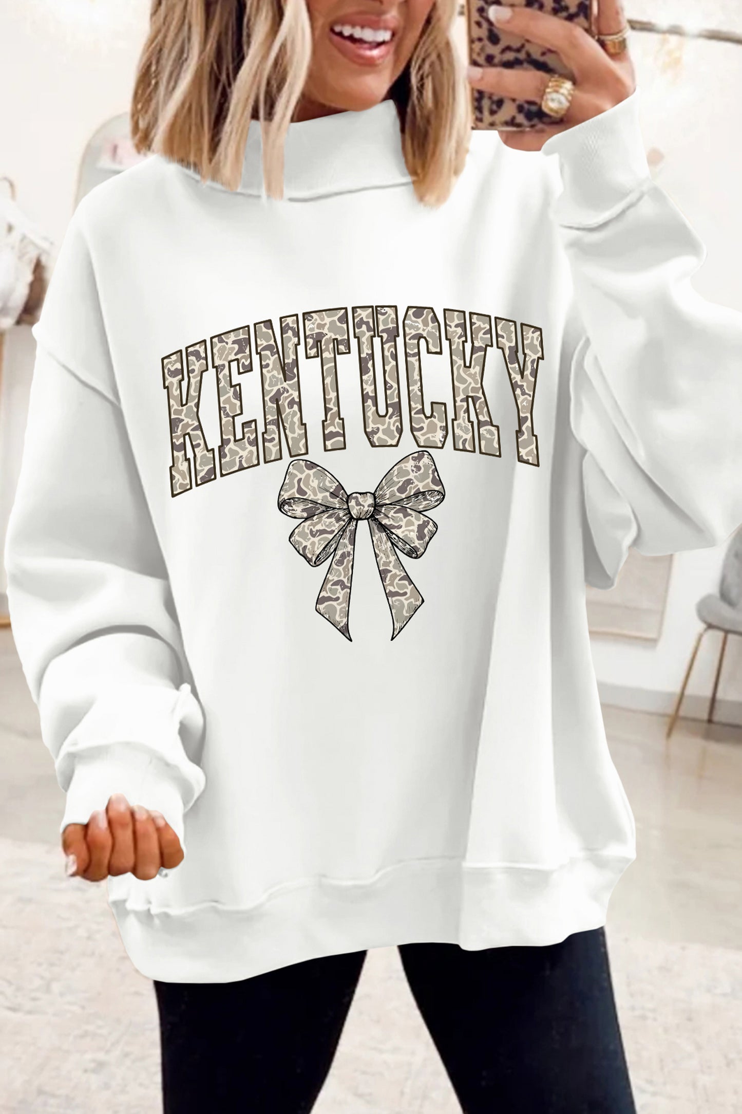 White Camo Letter Bow Printed KENTUCKY Mock Neck Reversible Sweatshirt