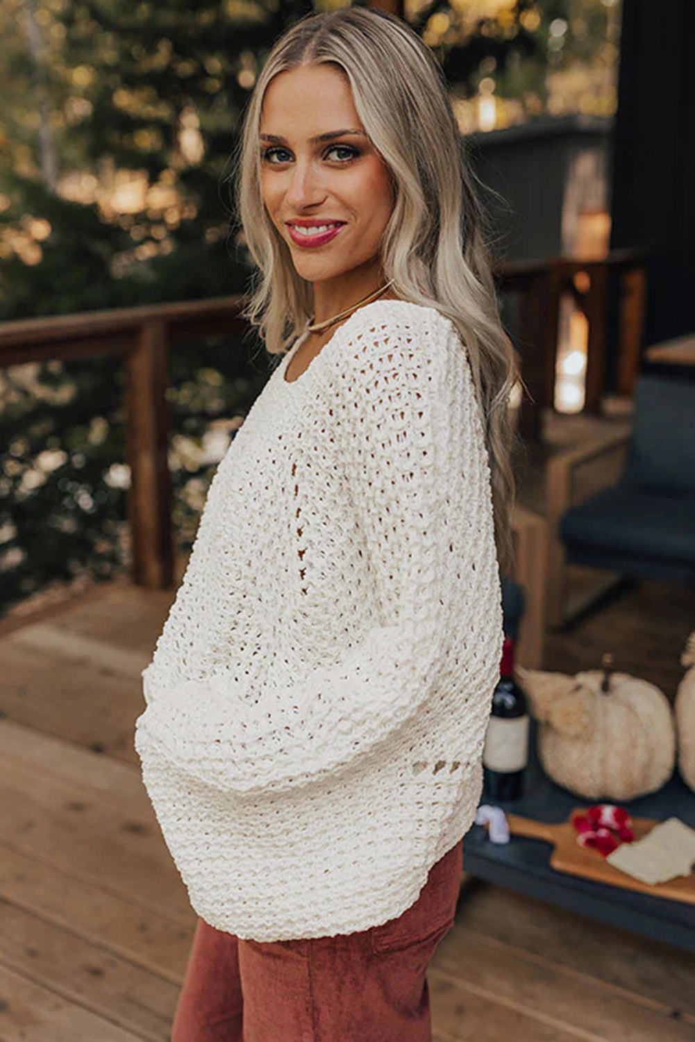 Camel Hollowed Detail Wide Sleeve Loose Pullover Sweater