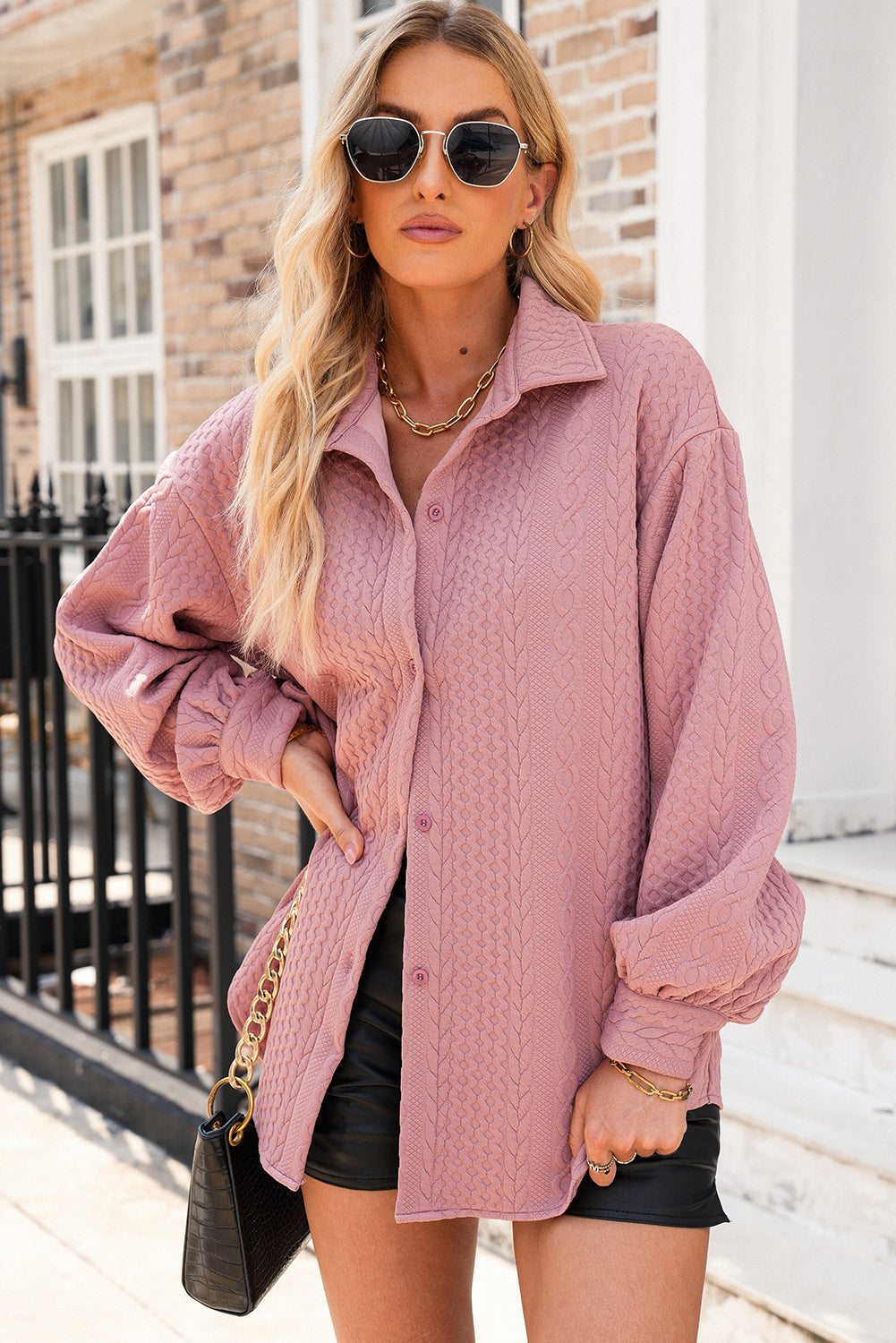 Sepia Rose Cable Texture Puff Sleeve Loose Shacket