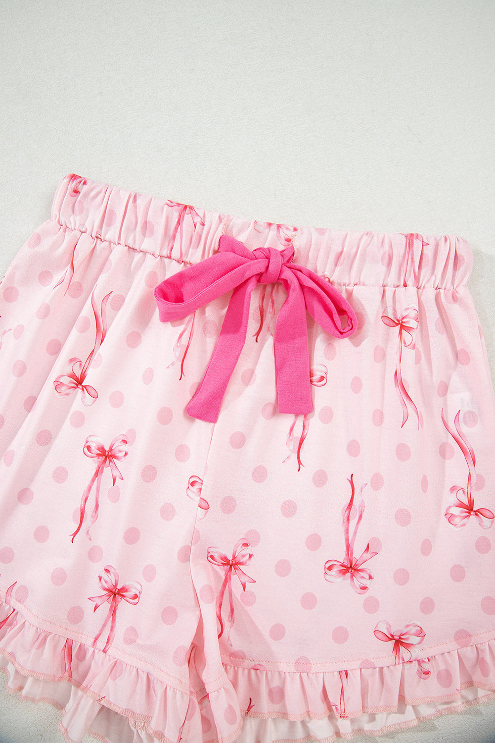 Pink Bow Print Contrast Pipping Short Pajamas Set